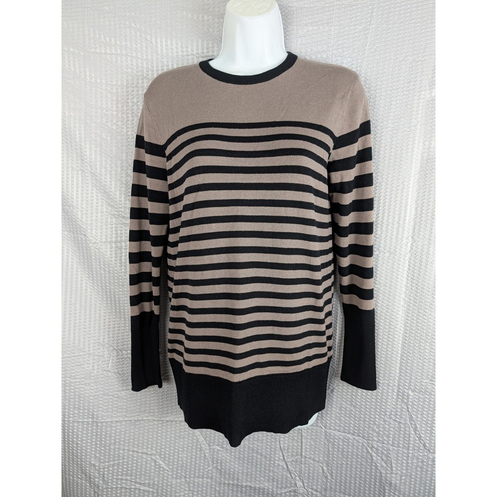DG2 Diane Gilman Stripe Knit Sweater XS Tan‎ Black Colorblock Crewneck